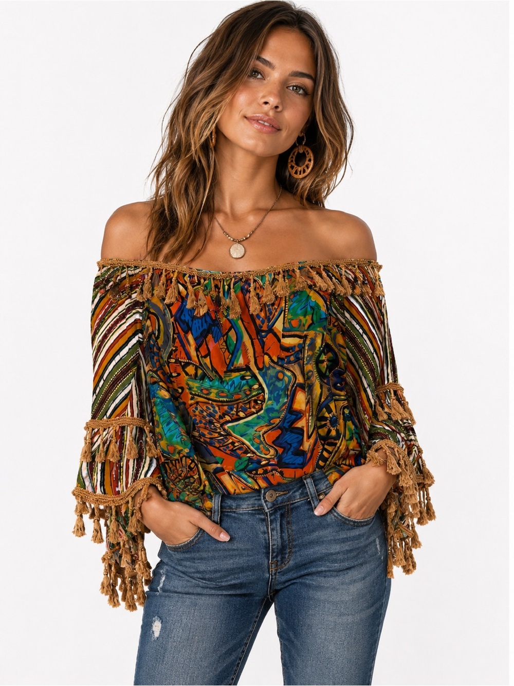 Boho Festival Tassel Fringe Off Shoulder Bell Sleeve Top XL Whimsigoth Western